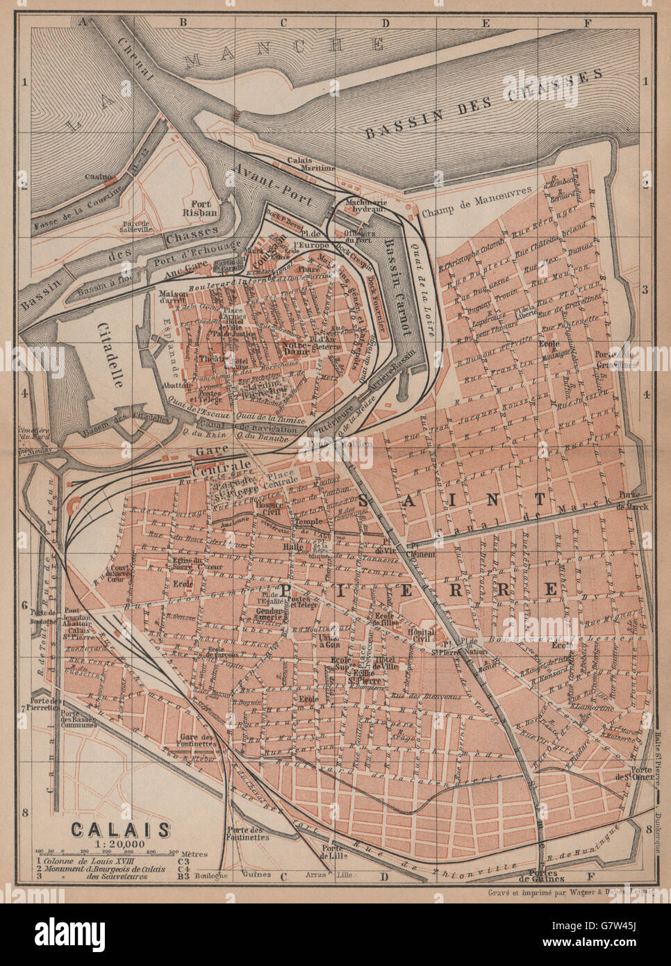 CALAIS antique town city plan de la ville. Pas-de-Calais carte, 1899 old map Stock Photo