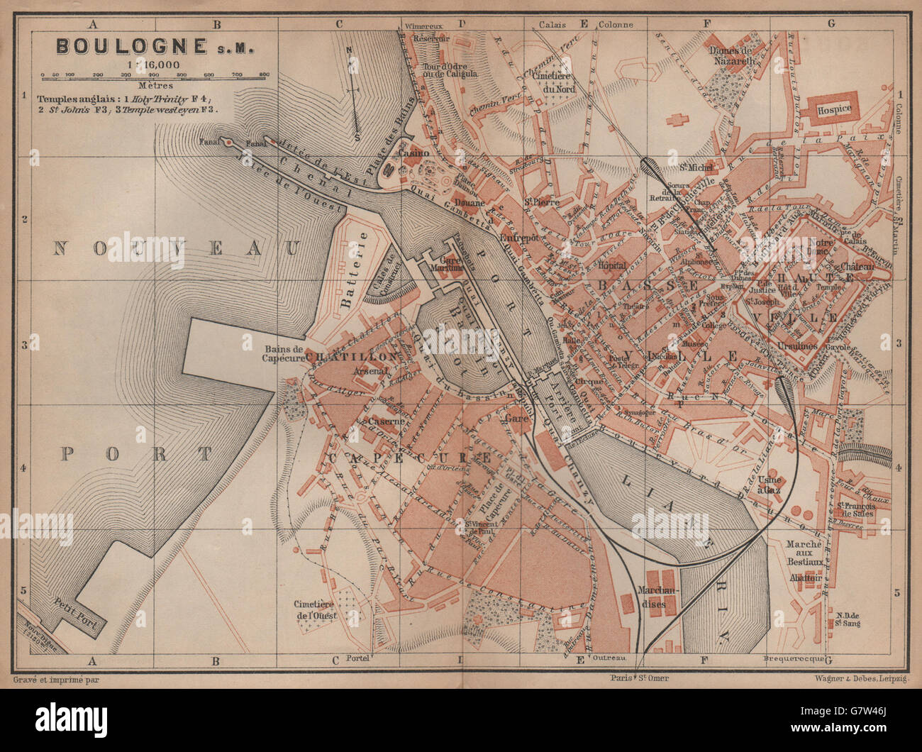 BOULOGNE-SUR-MER town city plan de la ville. Pas-de-Calais carte, 1899 old map Stock Photo