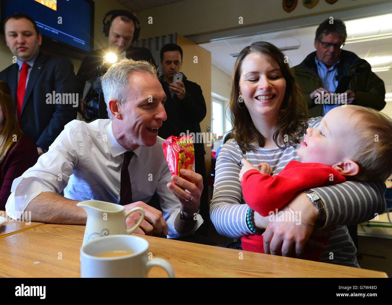 Scottish Labour party leader Jim Murphy meets with Angela Curran and her son Joshua Bell at the cafe at Inch Park Community Sports Hub in Edinburgh while on the General Election campaign trail. Stock Photo