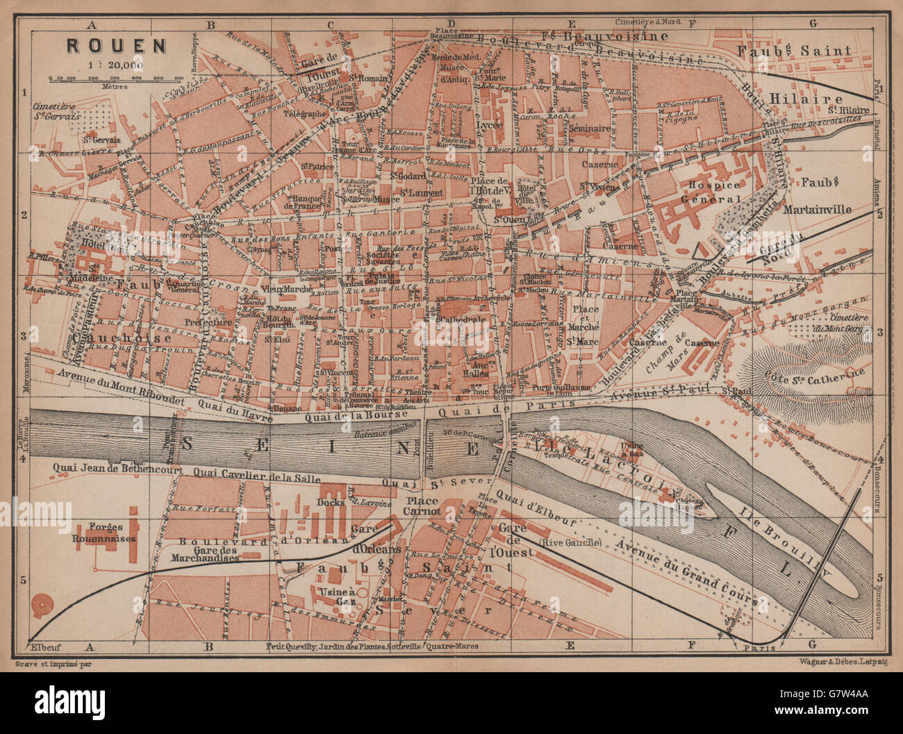 ROUEN antique town city plan de la ville. Seine-Maritime carte, 1899 old map Stock Photo