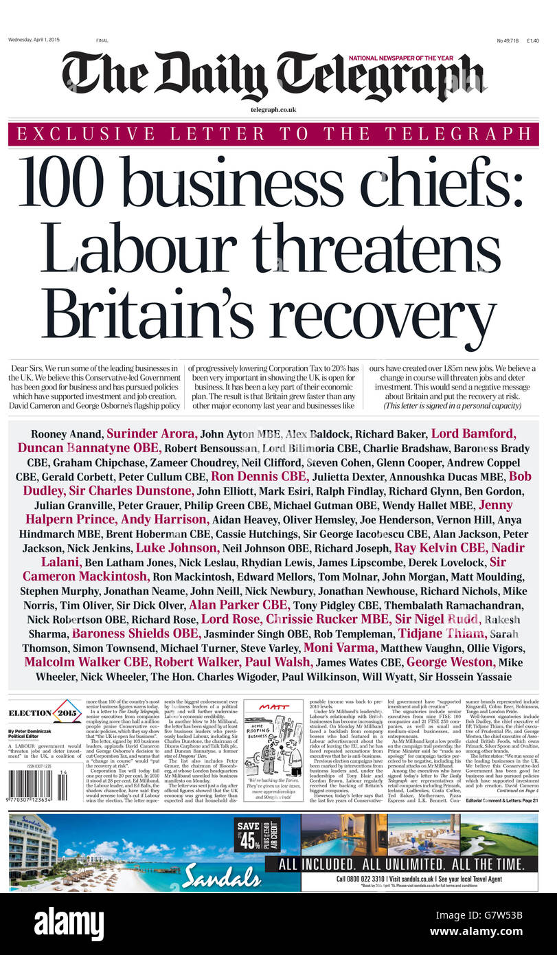 The front page of The Daily Telegraph carrying an open letter signed by more than 100 senior executives warning that any 'change in course' after the General Election would threaten jobs and put the recovery at risk. Stock Photo