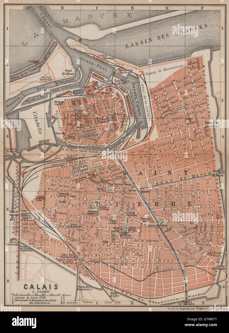 CALAIS antique town city plan de la ville. Pas-de-Calais carte, 1905 old map Stock Photo