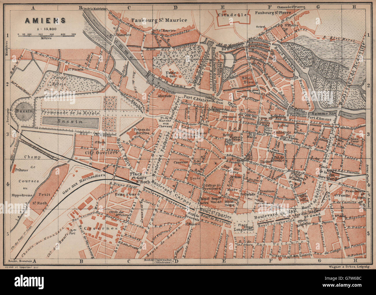 Somme carte BAEDEKER 1905 old map AMIENS antique town city plan de la ville 