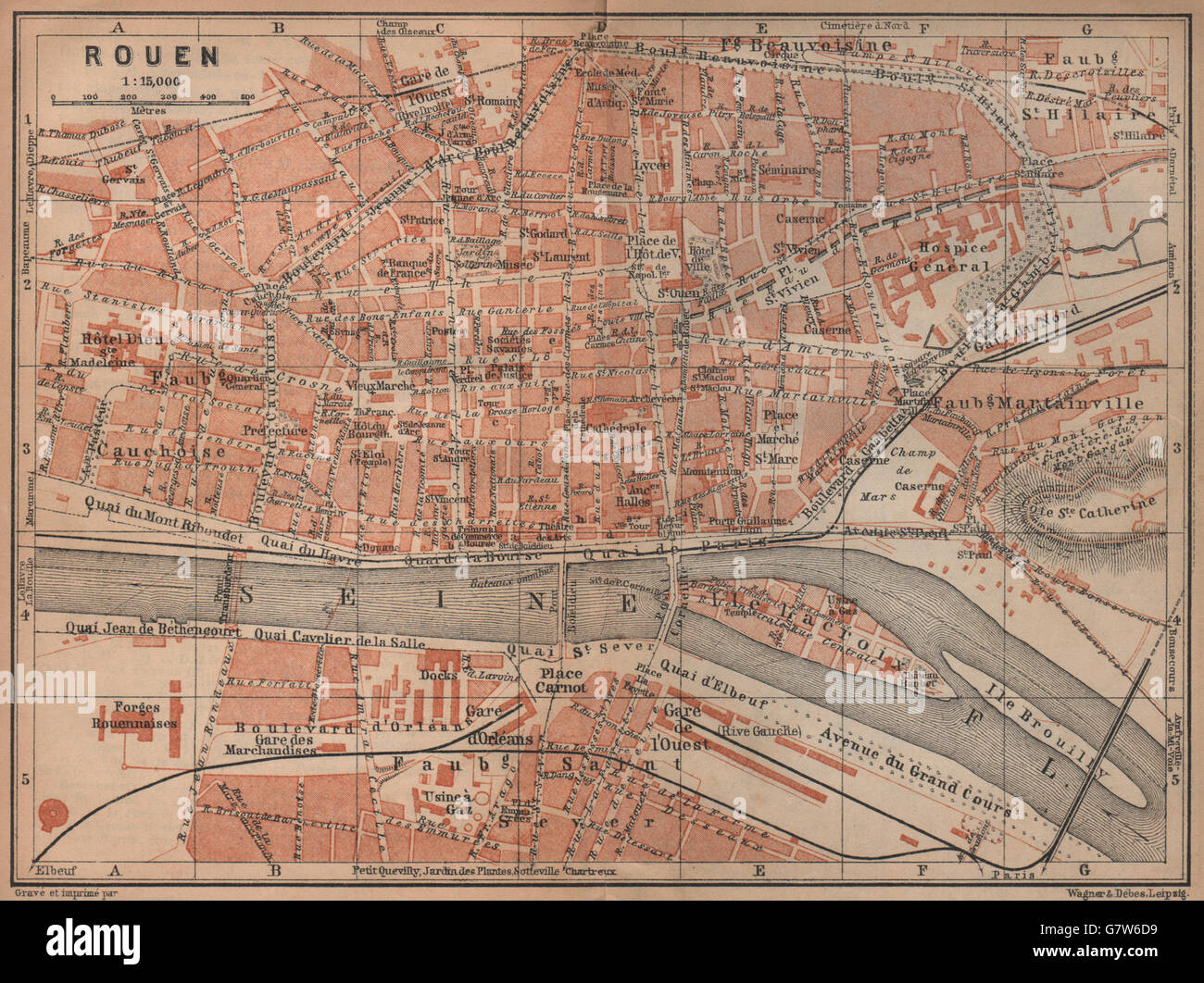 ROUEN antique town city plan de la ville. Seine-Maritime carte, 1905 old map Stock Photo