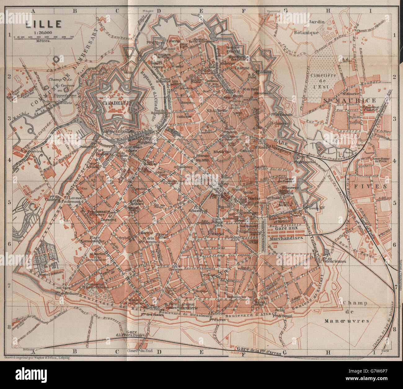 carte lille LILLE antique town city plan de la ville. Nord carte. BAEDEKER 