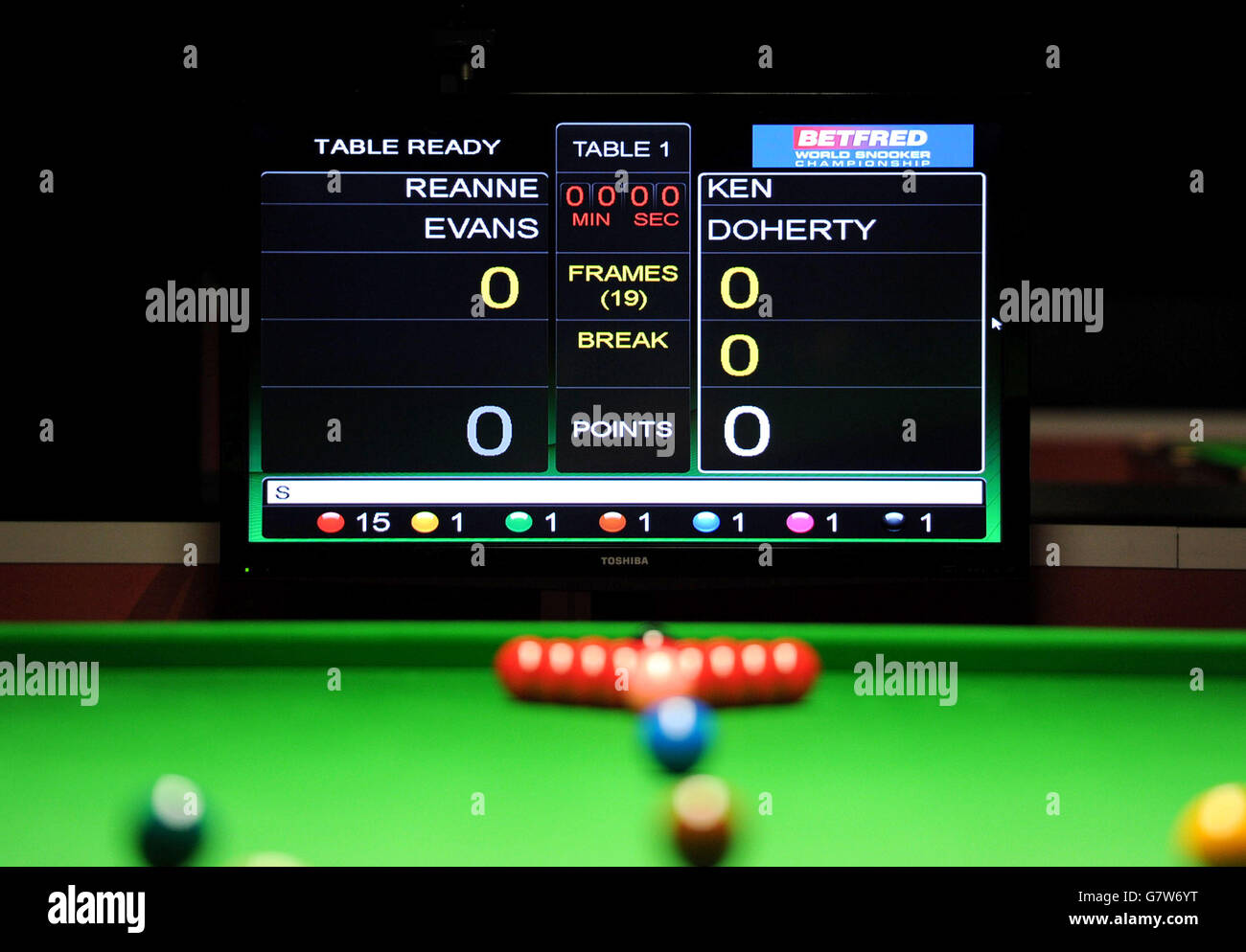 The scoreboard before the match between Reanne Evans and Ken Doherty during the World Championship Qualifying at Ponds Forge, Sheffield. Stock Photo