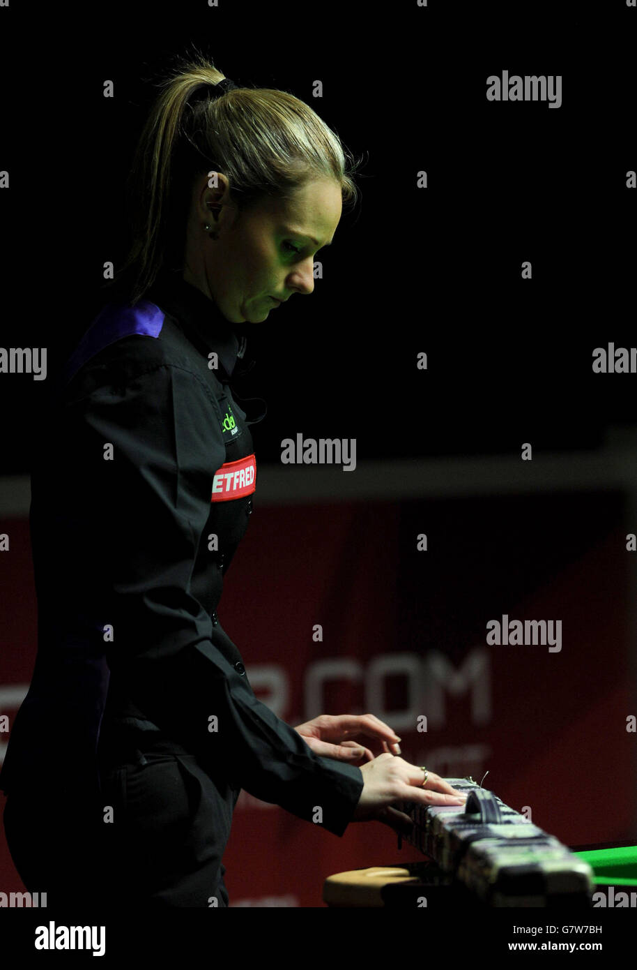 Reanne Evans during her match against Ken Doherty during the World Championship Qualifying at Ponds Forge, Sheffield. Stock Photo