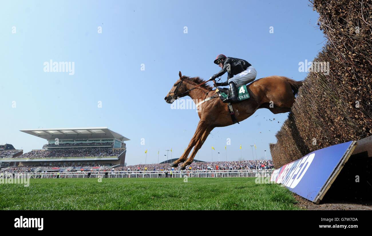 Tony McCoy clears the final fence on Three Kingdoms during The One Magnificent City Manifesto Novices' Steeple Chase, during the Grand Opening Day of the Crabbies Grand National Festival at Aintree Racecourse, Liverpool. Stock Photo