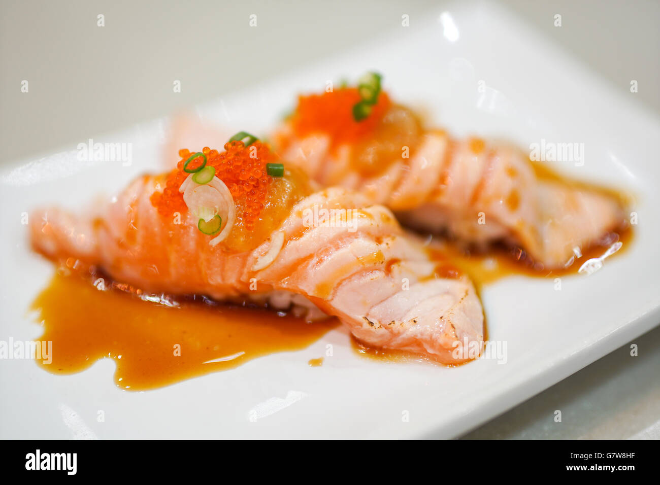 salmon sushi traditional japanese food Stock Photo