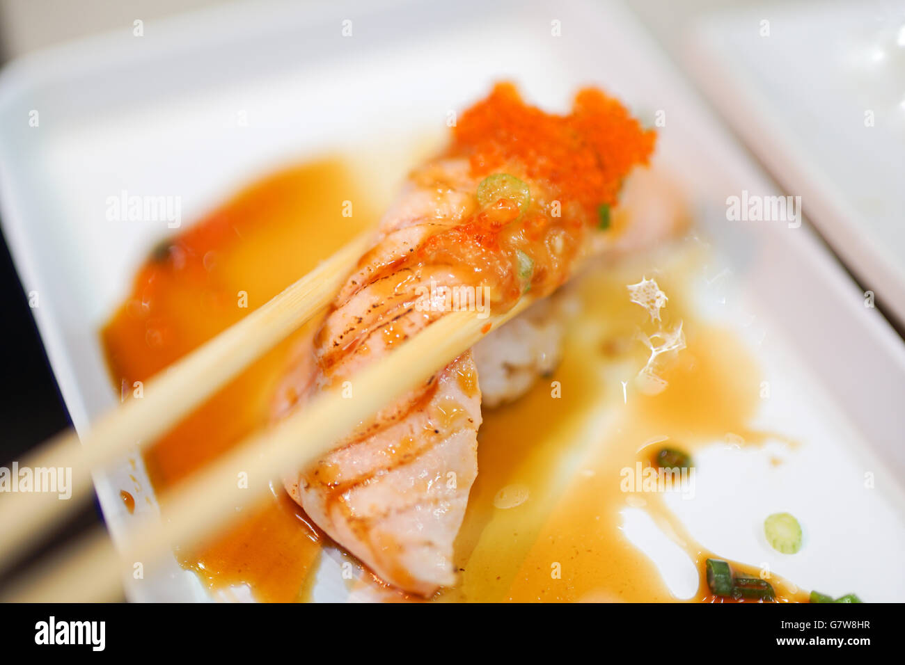 salmon sushi traditional japanese food Stock Photo