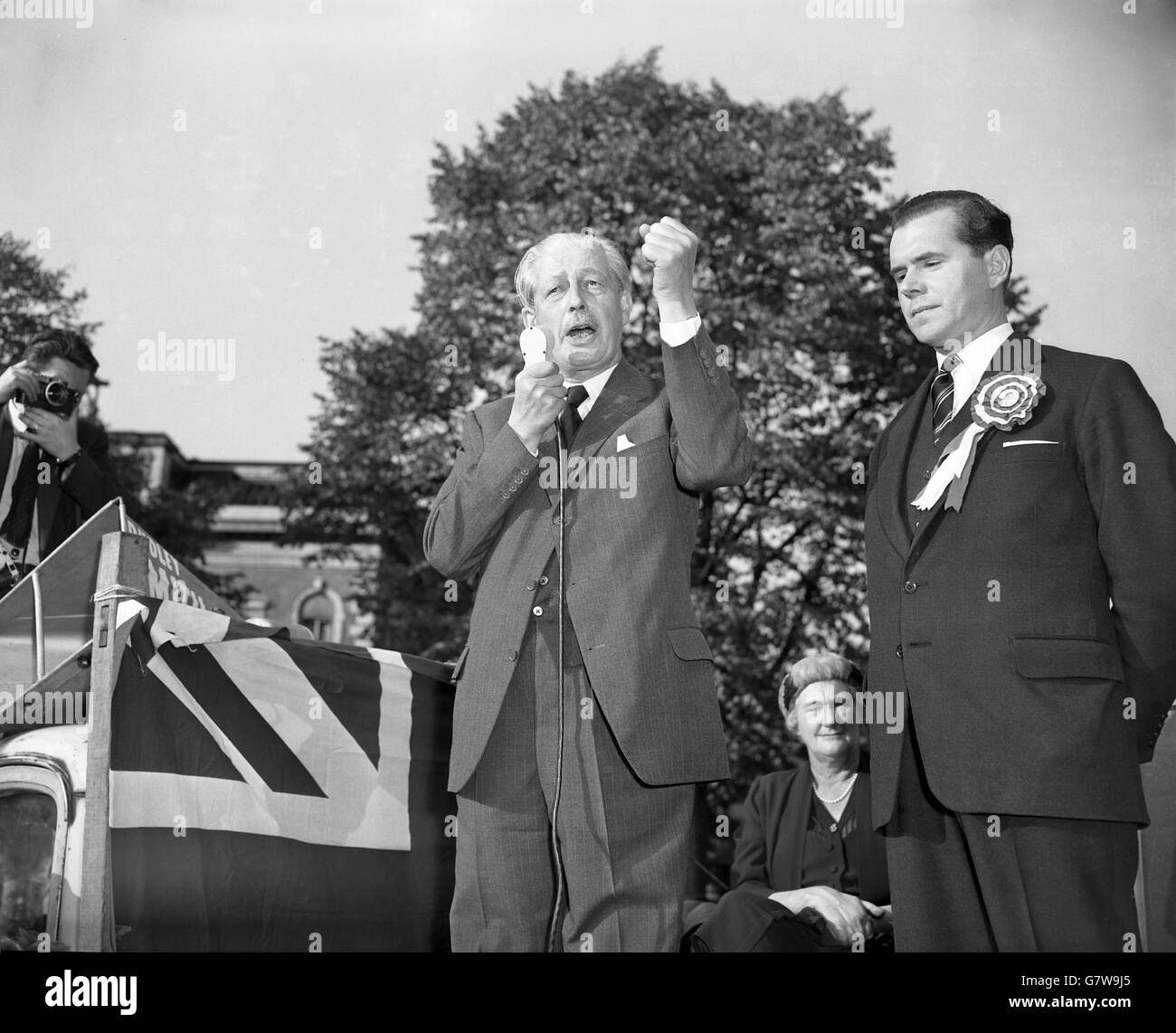 In militant mood, Prime Minister Harold MacMillan addresses a General Election meeting in Acton, West London. During his speech, the Premier refereed to the meetings between Russia's Krushchev and the American President Mr. Eisenhower and asked the crowd 'Do you think Mr. Krushchev and President Eisenhower would have been promoting and discussing together at Camp David last week if i had not decided to break the ice in Moscow?'. Stock Photo