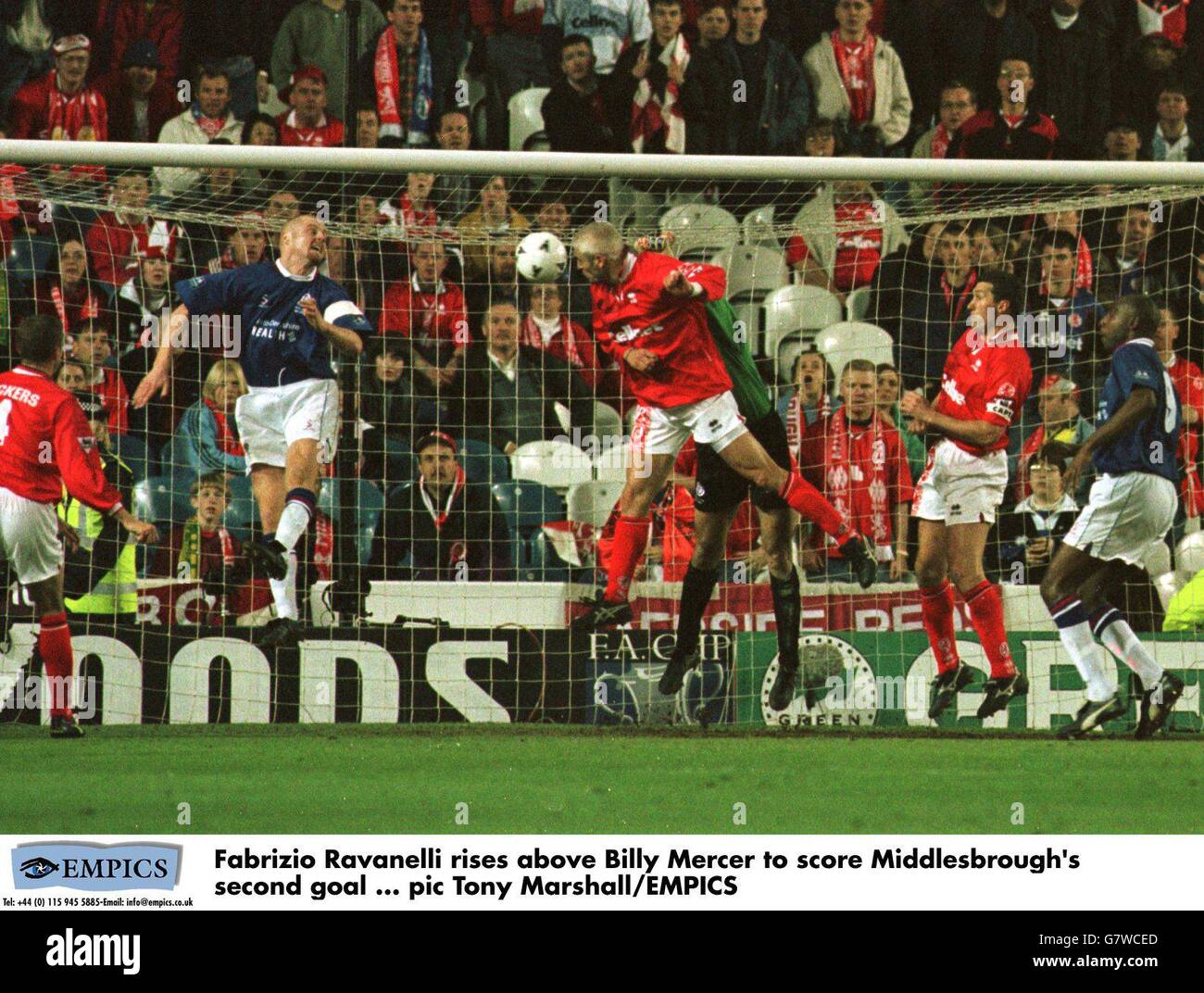 Soccer - FA Cup Semi-Final Replay - Chesterfield v Middlesbrough. Fabrizio Ravanelli rises above Billy Mercer to score Middlesbrough's second goal Stock Photo