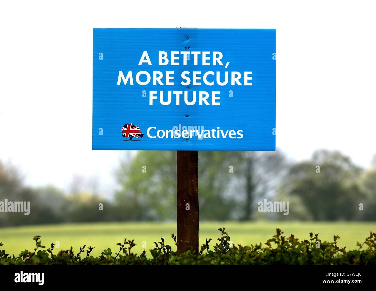 A Consevative Party General Election sign in a field in Bedford. Stock Photo