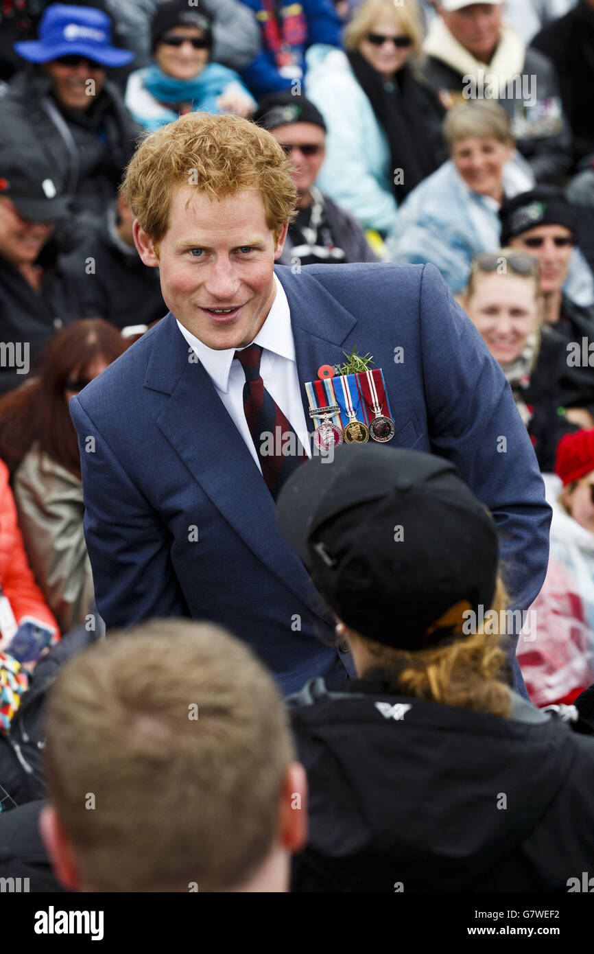 Prince Harry greets the crowd at the New Zealand Memorial Service at Chunuk Bair, Eceabat, Turkey as part of commemorations marking the 100th anniversary of the doomed Gallipoli campaign. Stock Photo