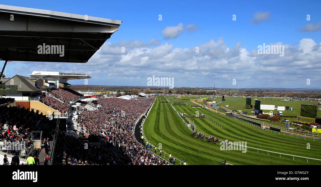Runners and riders during the Silver Cross stayers Hurdle during Grand National Day of the