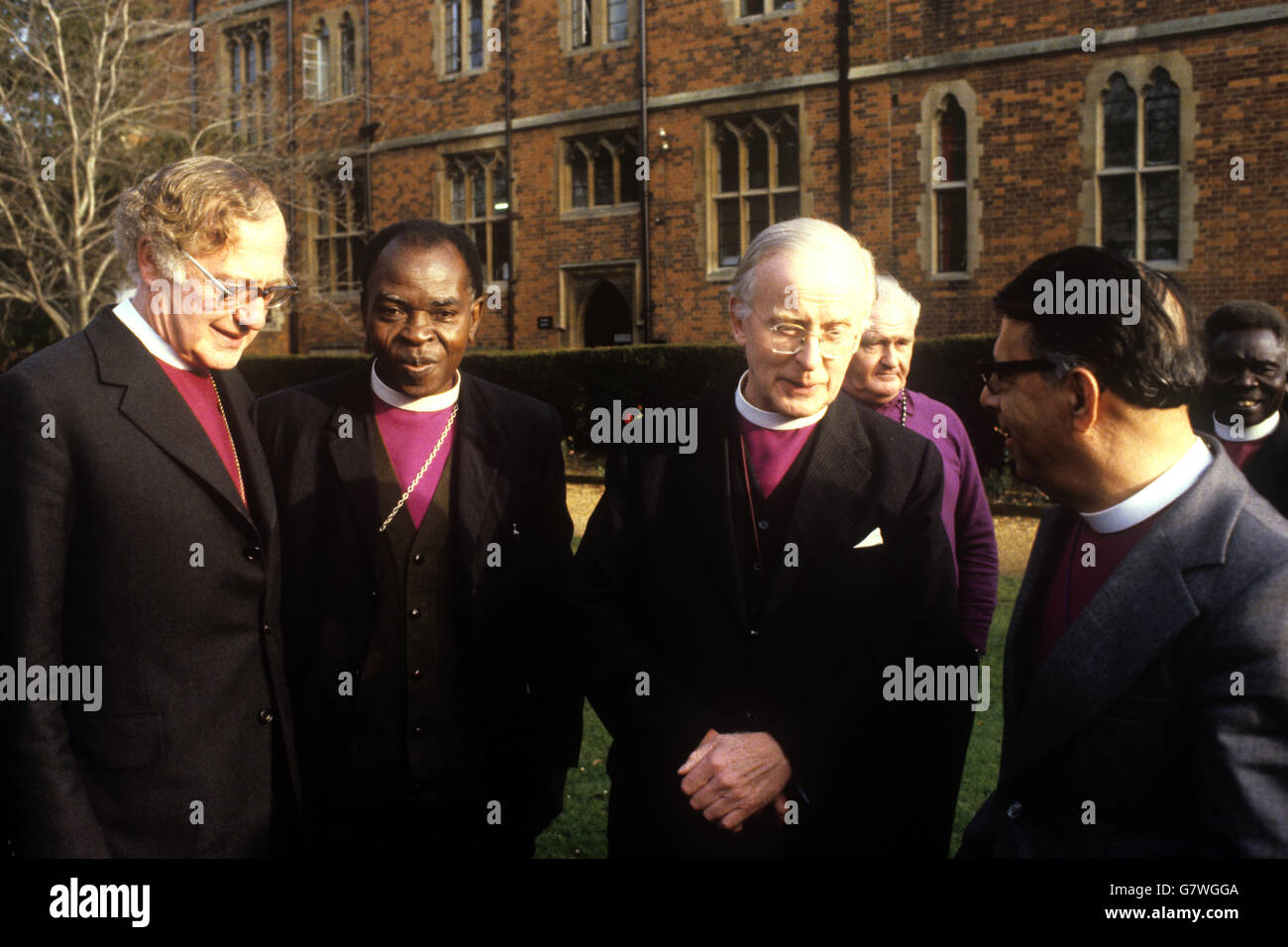 Leaders of the world wide Anglican Church meet at Bishop Woodford House, Ely. (l-r) Bishop Robert Runcie, Archbishop of Canterbury-elect, Archbishop Timothy Olufosoye (Nigeria), Dr. Donald Coggan, Archbishop of Canterbury who retires in January, and Bishop Hassan Dehqani-Tafti (President Bishop, Jerusalem and the Middle East), whose wife saved him from assassination a month ago. Stock Photo