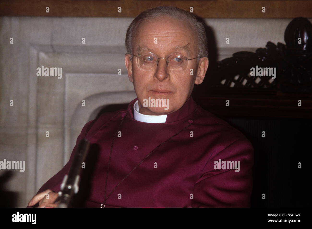 Archbishop of Canterbury, Dr. Donald Coggan, who retires next friday, during a farewell Press Conference at Lambeth Palace in London. Stock Photo
