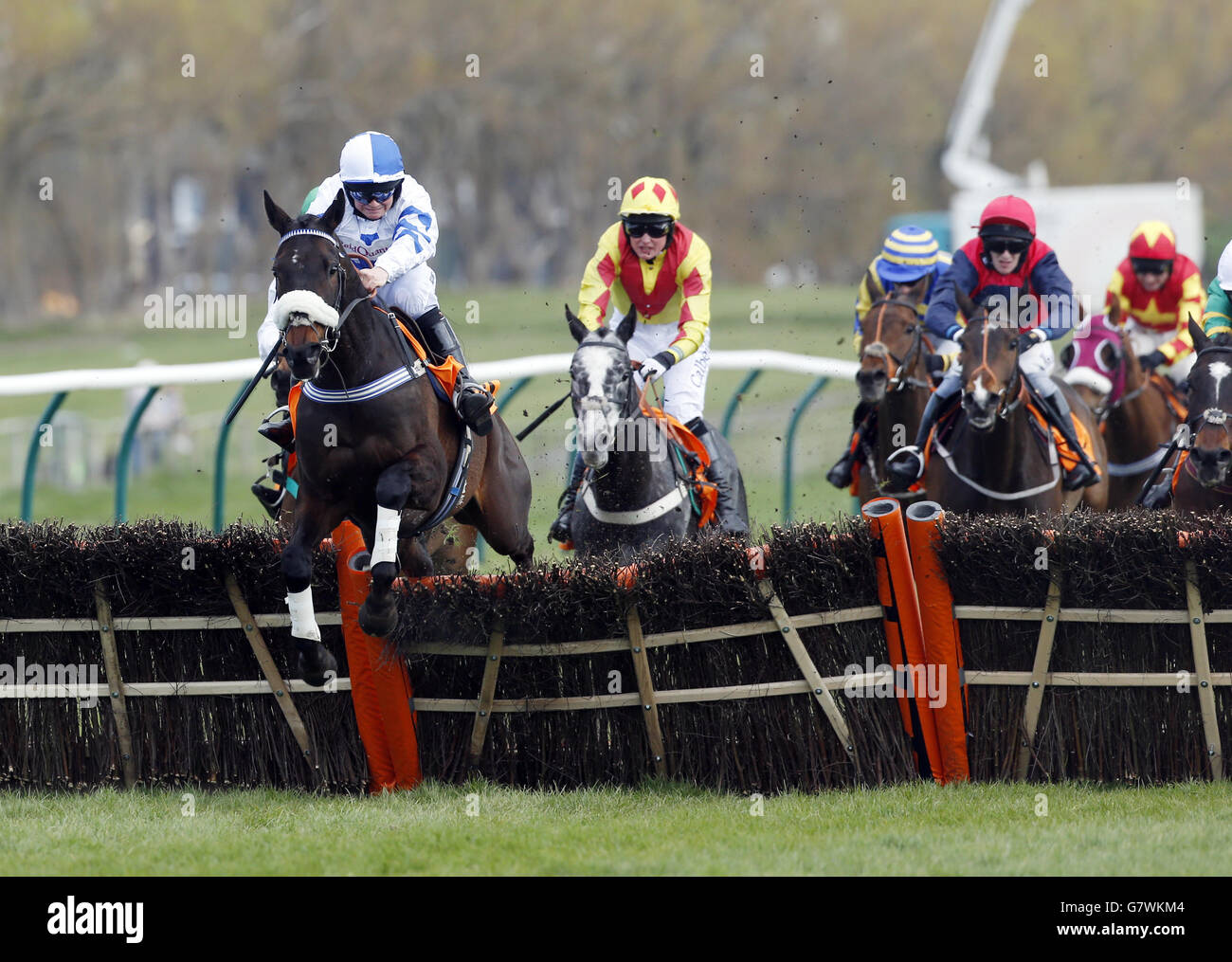 Aristo Du Plessis ridden by jockey Dale Irving goes on to win the QTS Handicap Hurdle Race during the 2015 Coral Scottish Grand National Festival at Ayr Racecourse. Stock Photo