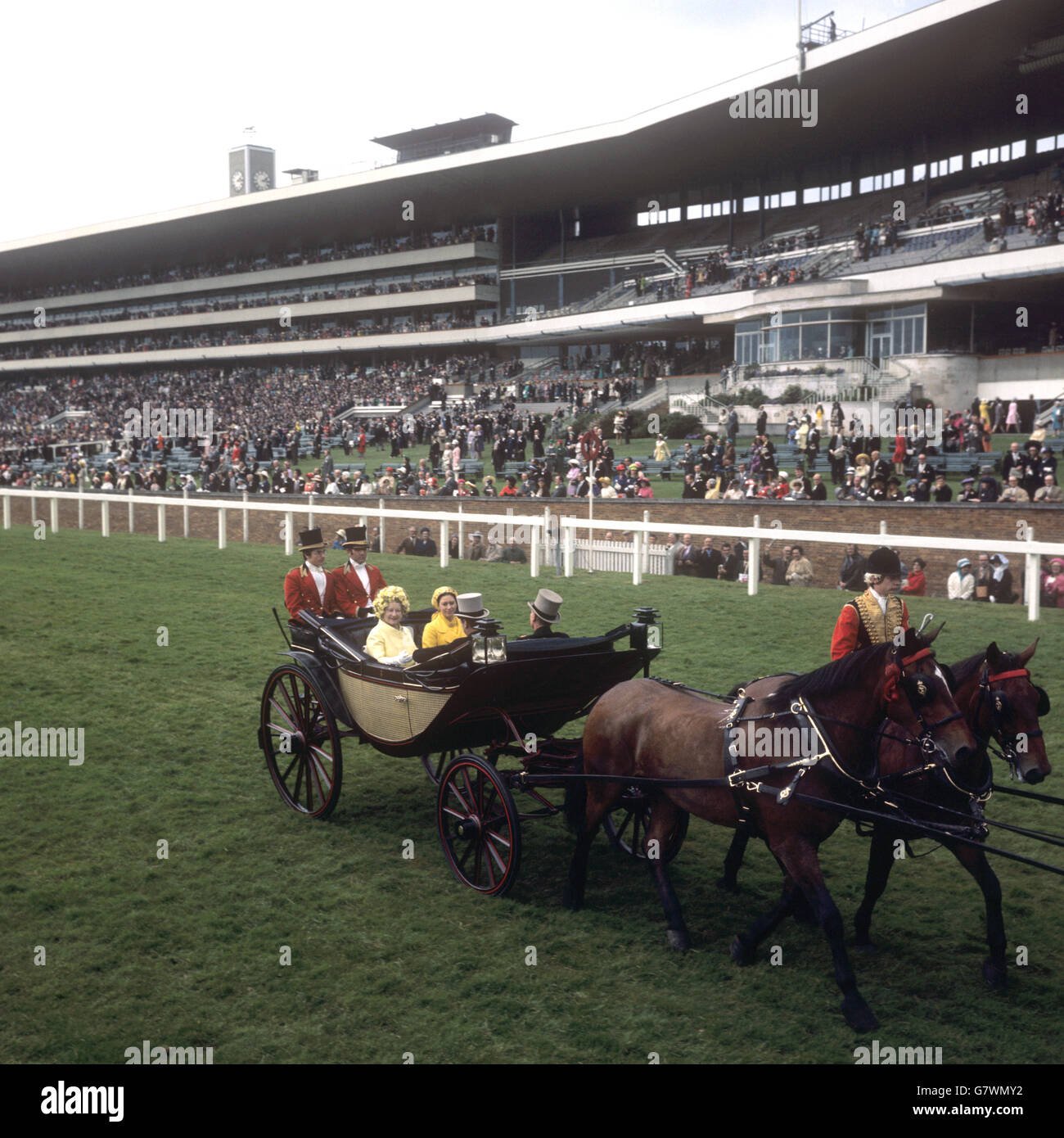 The Queen Mother and Princess Margaret driving down the course at Royal Ascot as the Royal Party arrives. Stock Photo