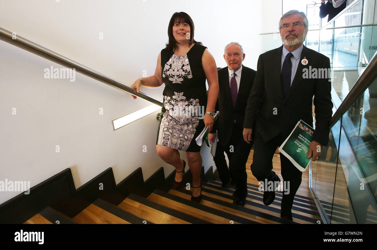Sinn Fein party leader Gerry Adams (right), Michelle Gildernew and Martin McGuinness during the launch of the party's General Election manifesto in Dungannon Co.Tyrone. Stock Photo
