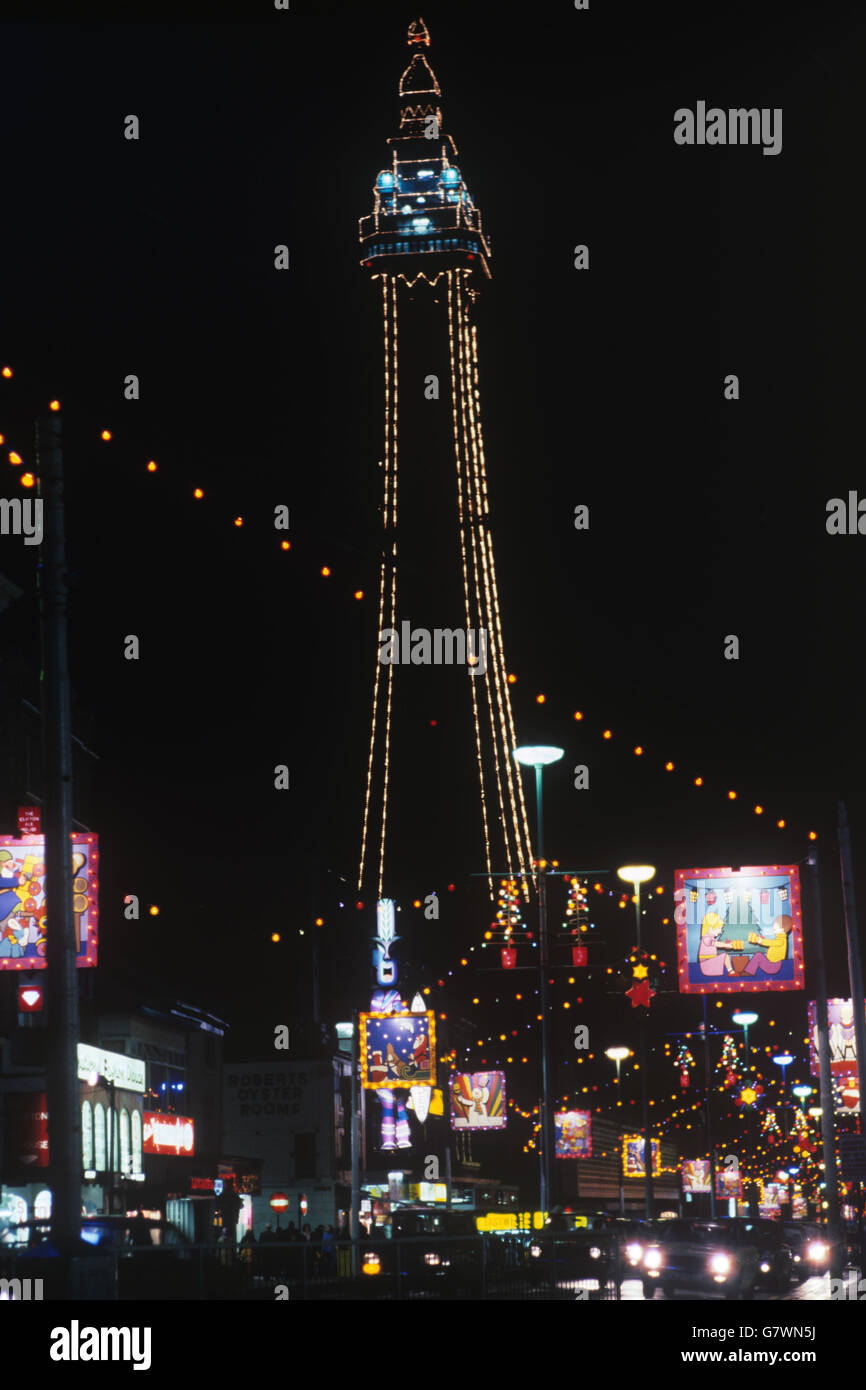 Buildings and Landmarks - Blackpool Tower. Blackpool Tower drawn in lights to make the dominating feature of the resort's autumn illuminations. Stock Photo