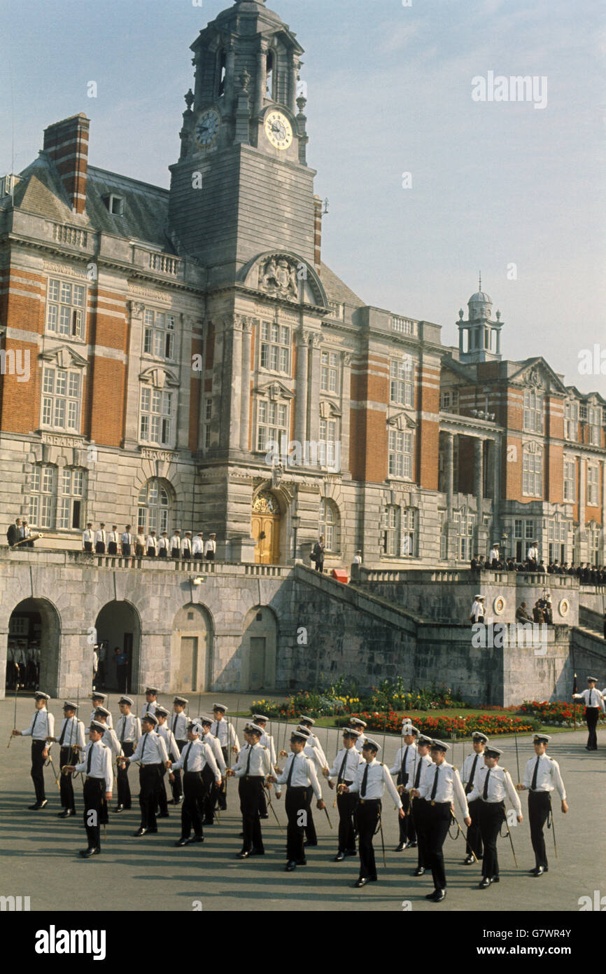 Divisions on the parade ground at the Britannia Royal Naval College, Dartmouth, where the Prince of Wales starts a six-week course in September. Stock Photo