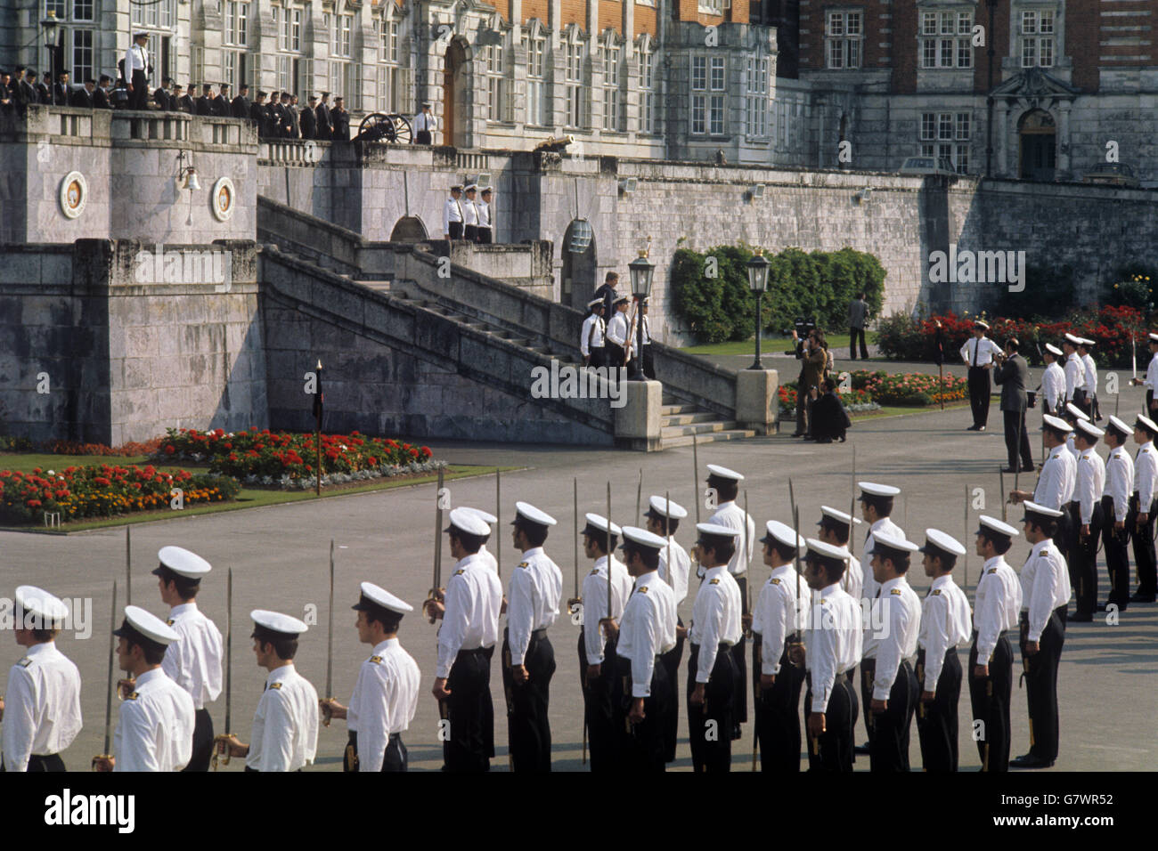 Divisions on the parade ground at the Britannia Royal Naval College, Dartmouth, where the Prince of Wales starts a six-week course in September. Stock Photo