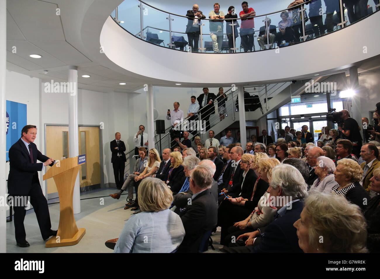 Prime Minister David Cameron speaks at Tendering Technology College in Frinton Essex, during the General Election campaign. Stock Photo