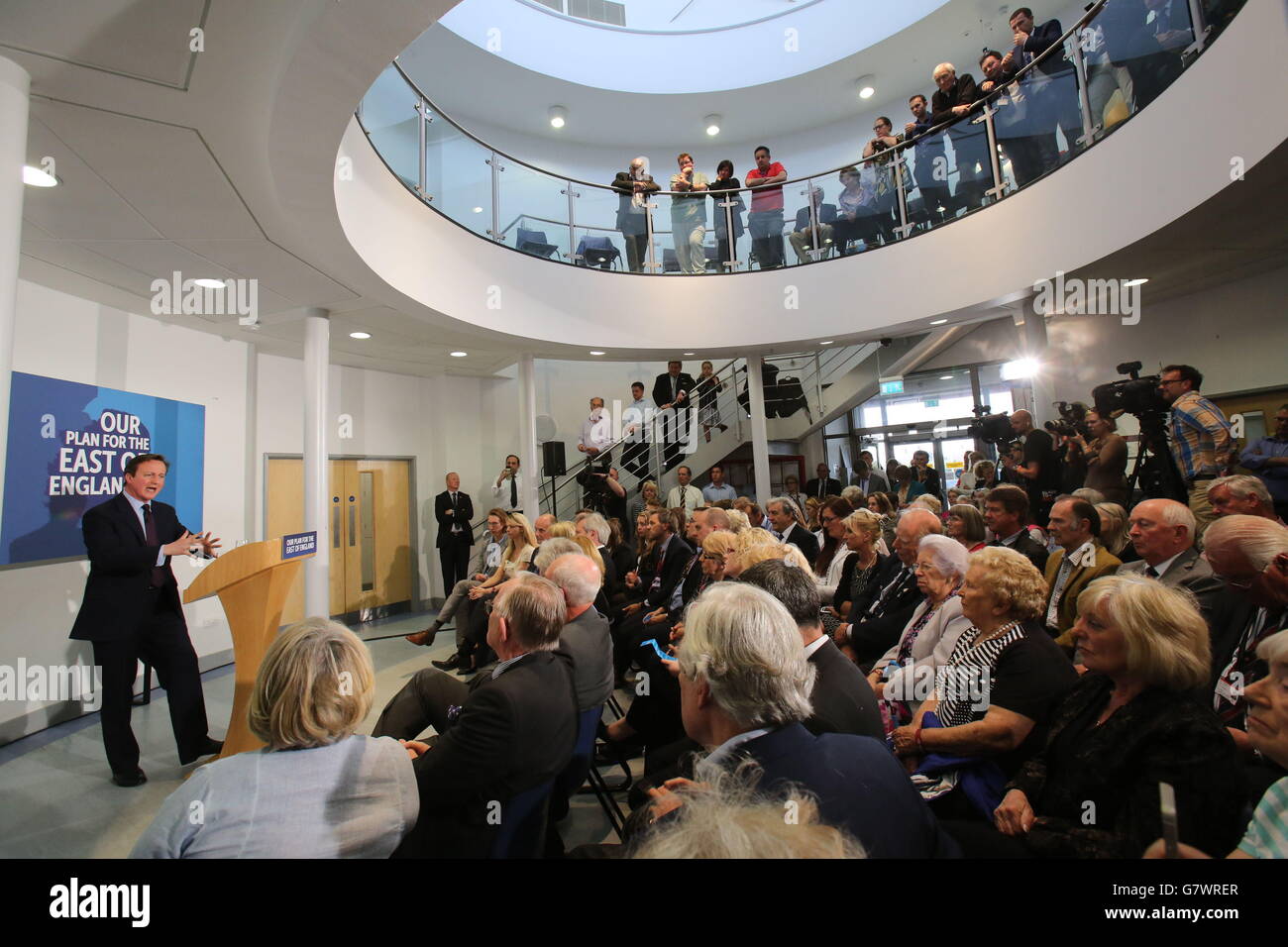 Prime Minister David Cameron speaks at Tendering Technology College in Frinton Essex, during the General Election campaign. Stock Photo