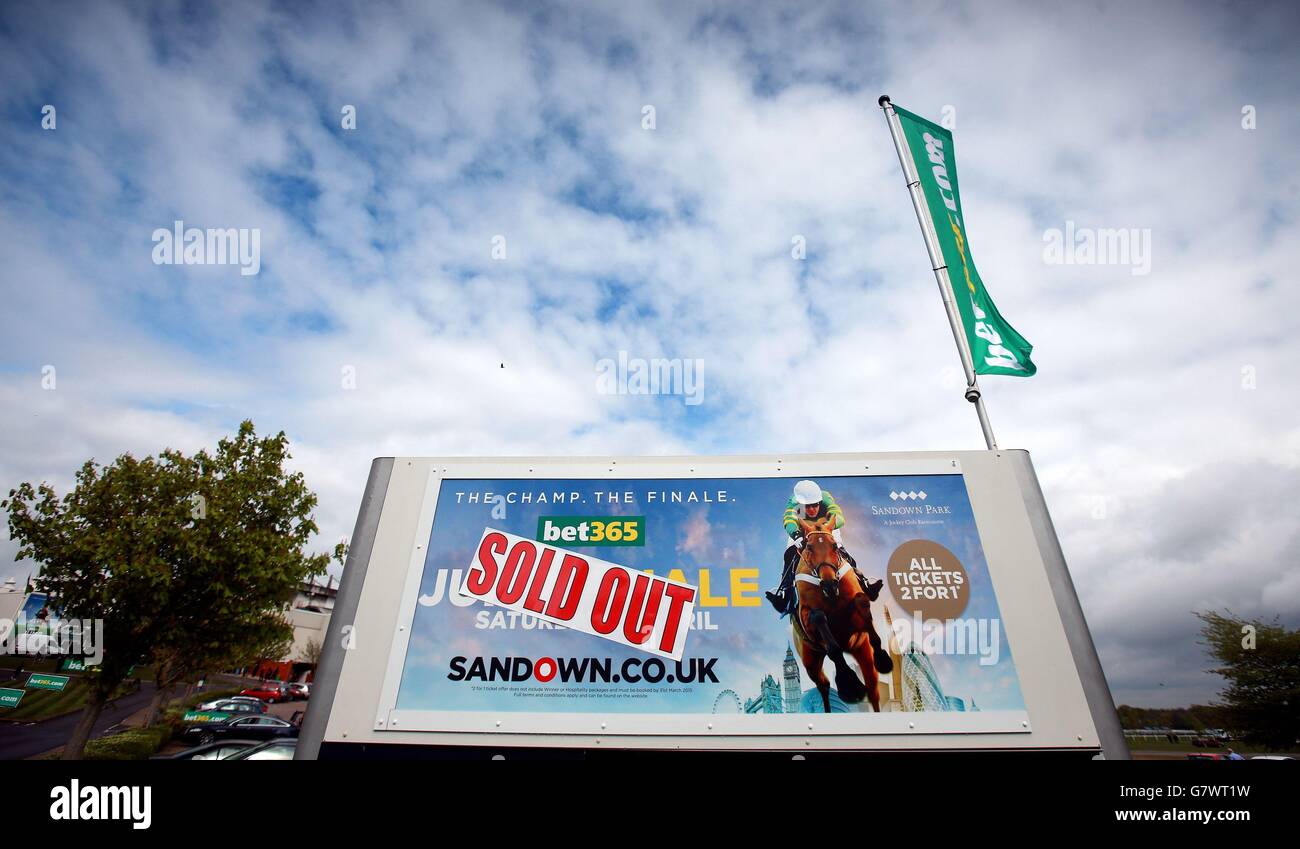 'Sold Out' signs outside Sandown Park for the bet365 Jump Finale at Sandown Racecourse, Surrey. Stock Photo