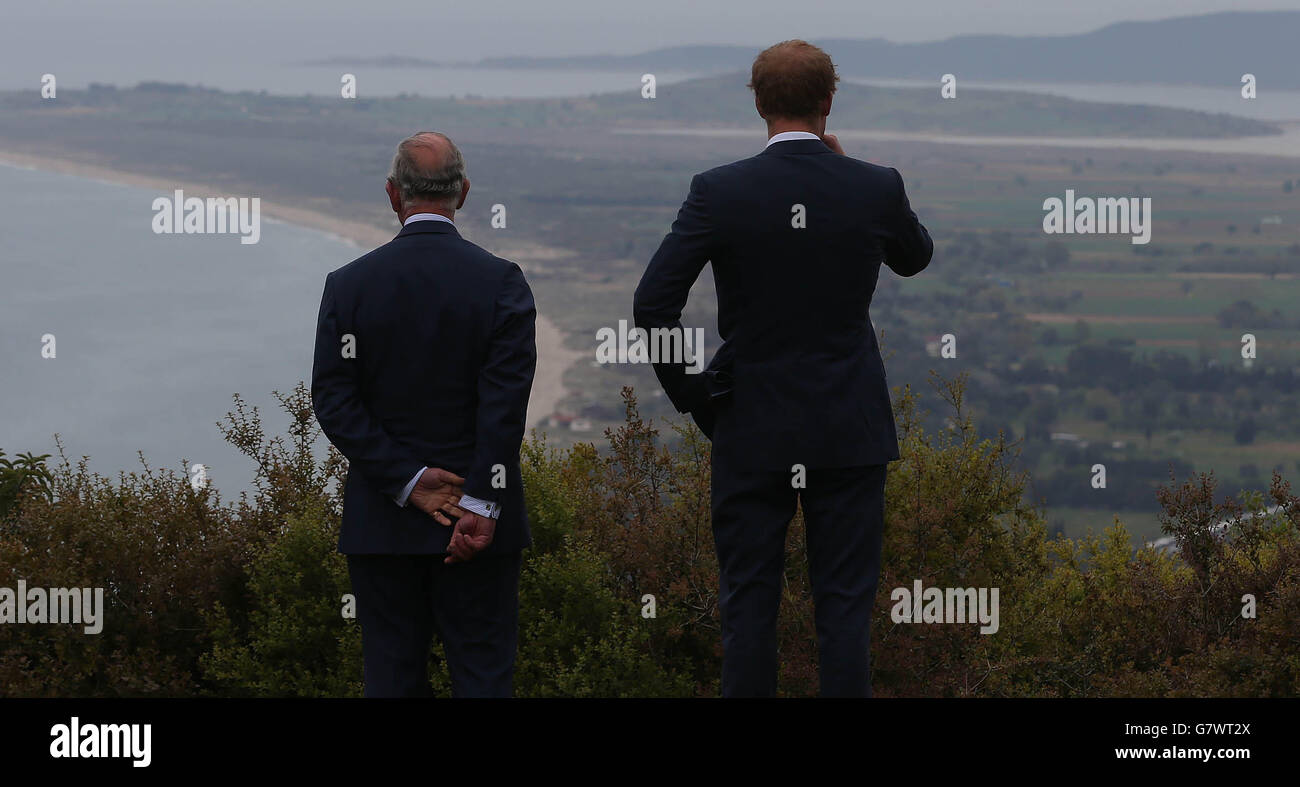 The Prince of Wales and Prince Harry visit The Nek a narrow stretch of ridge in the Anzac battlefield on the Gallipoli Peninsula as part of commemorations marking the 100th anniversary of the doomed Gallipoli campaign. Stock Photo