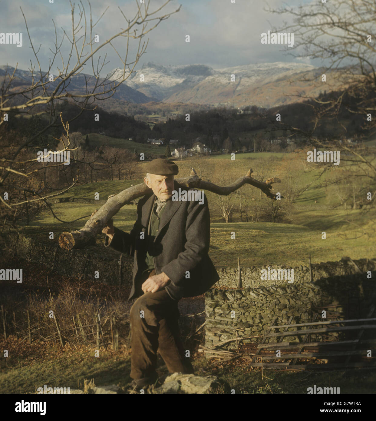 Buildings and Landmarks - Harmson Armer - Skelwith Fold. Lakeland woodcutter - 78-year-old Harmson Armer - busy near the the village of Skelwith Fold. Stock Photo