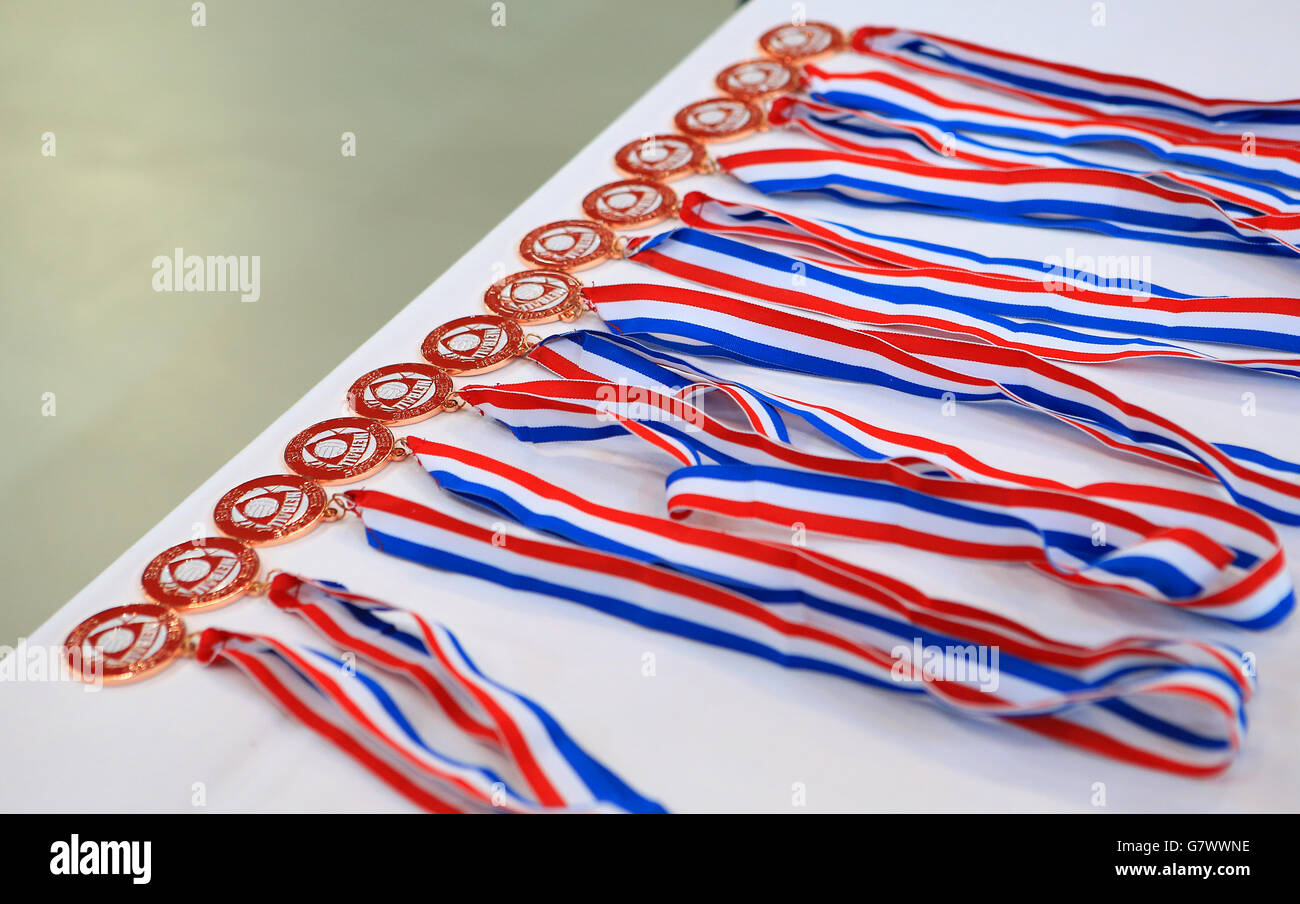Netball - Superleague - Grand Final Day - Third Place Playoff - Manchester Thunder v Yorkshire Jets - Copper Box Arena. A general view of Netball Super League medals Stock Photo