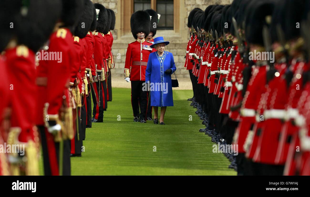 Queen Elizabeth II inspects the 1st Battalion Welsh Guards before