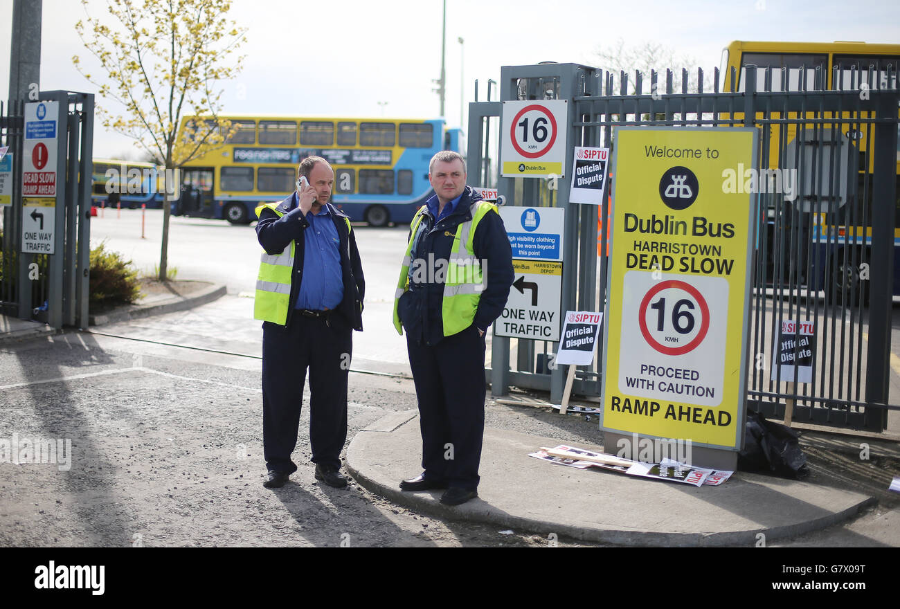 Members of the trade unions SIPTU and the National Bus and Rail Union (NBRU) on the picket line at Harristown Bus Depot as they take part in a 48 hour strike affecting Dublin bus and Bus Eireann services. Stock Photo