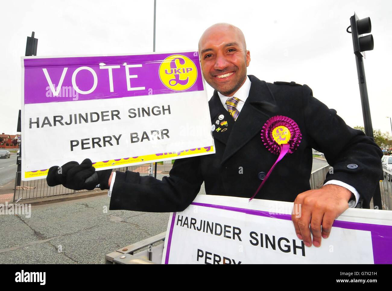 Previously unissued photo of Ukip parliamentary candidate for the north Birmingham seat of Perry Barr, Harjinder Singh, 37, who has been standing and waving at cars on the busy Scott Arms junction near junction seven of the M6 motorway for 13 hours a day in a bid to get elected. Stock Photo
