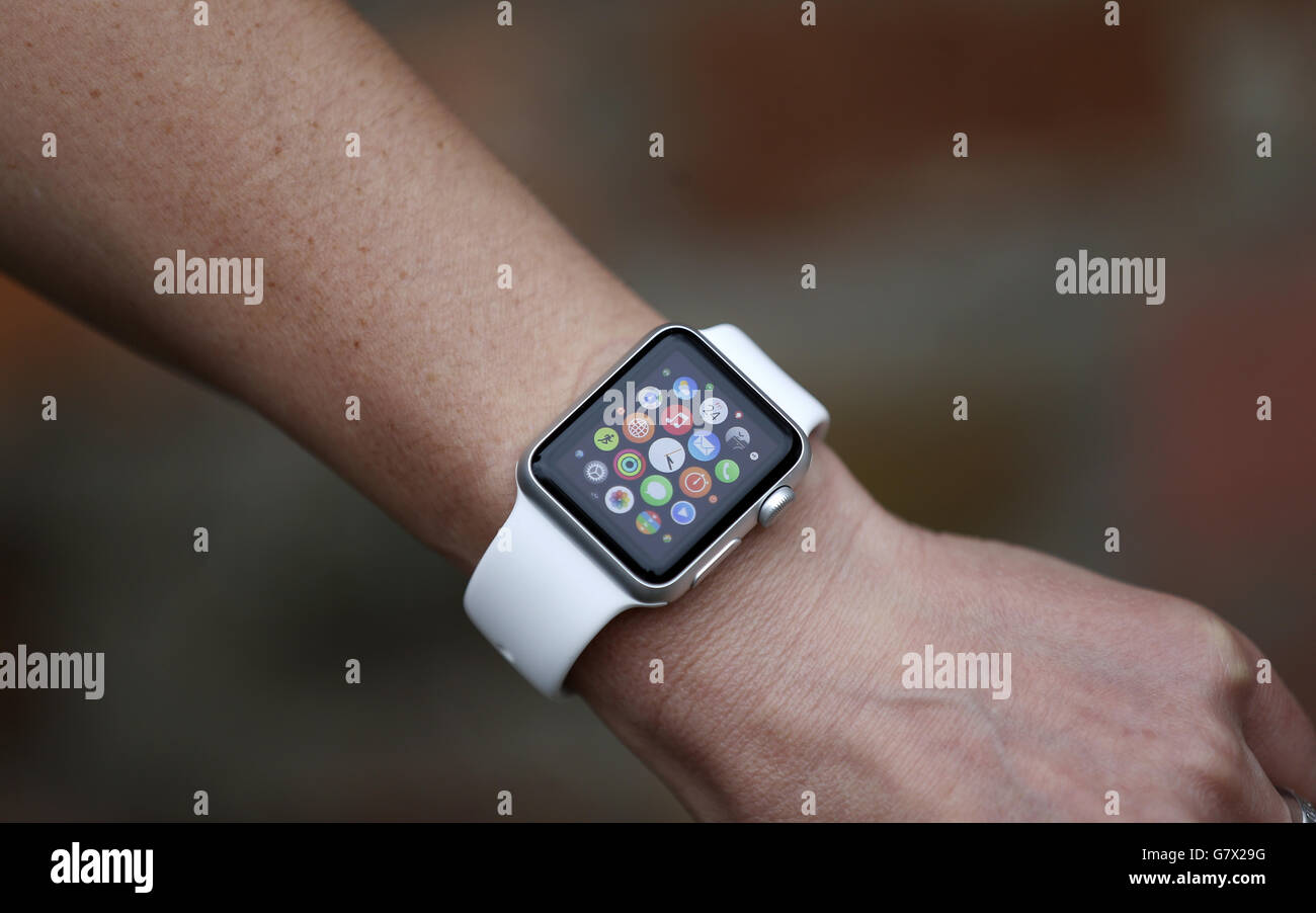 A person wearing the new Apple Watch Sport which people received today  after pre order earlier in April Stock Photo - Alamy