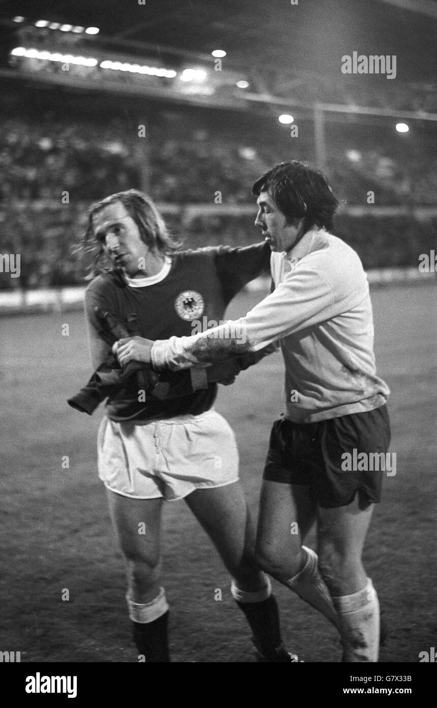 A pat on the back for England goalkeeper Gordon Banks (right), from West Germany's Gunter Netzer. Stock Photo