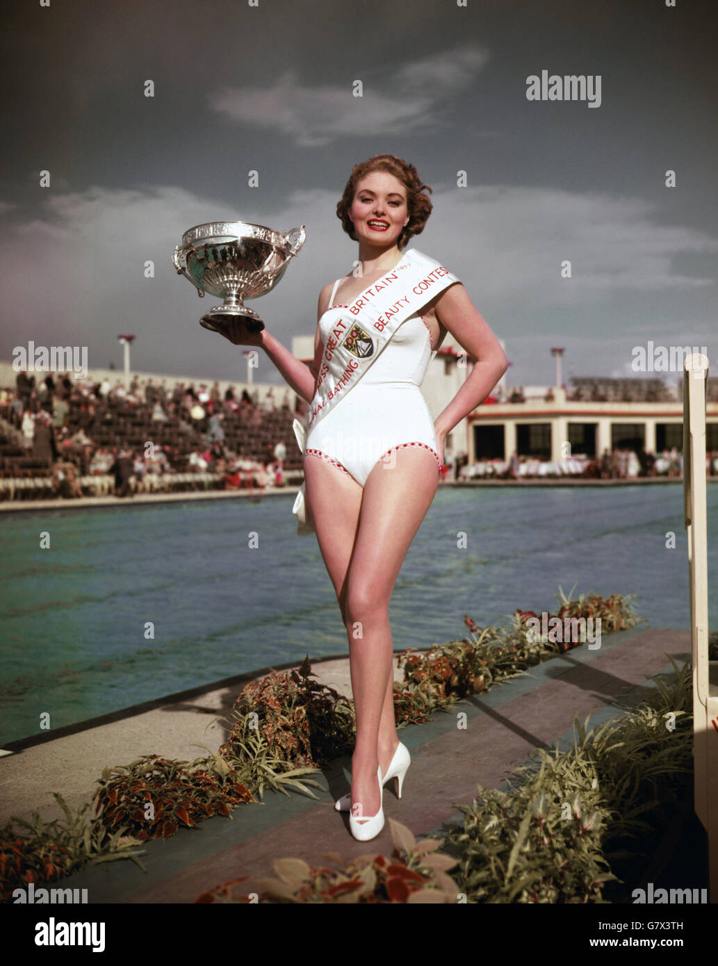 Leila Williams, of Walsall, pictured with the trophy when she was awarded Miss Great Britain at Morecambe, Lancashire. Leila, vitals statistics 36 23 36, will represent GB in Miss World in London in October. Stock Photo
