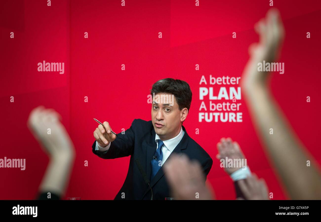 Labour Party leader Ed Miliband holds a 'People's Question Time' at Dewsbury Town Hall in West Yorkshire, as he is expected to tell voters they have just seven days to stop a Conservative victory that would benefit the wealthiest while squeezing family budgets. Stock Photo