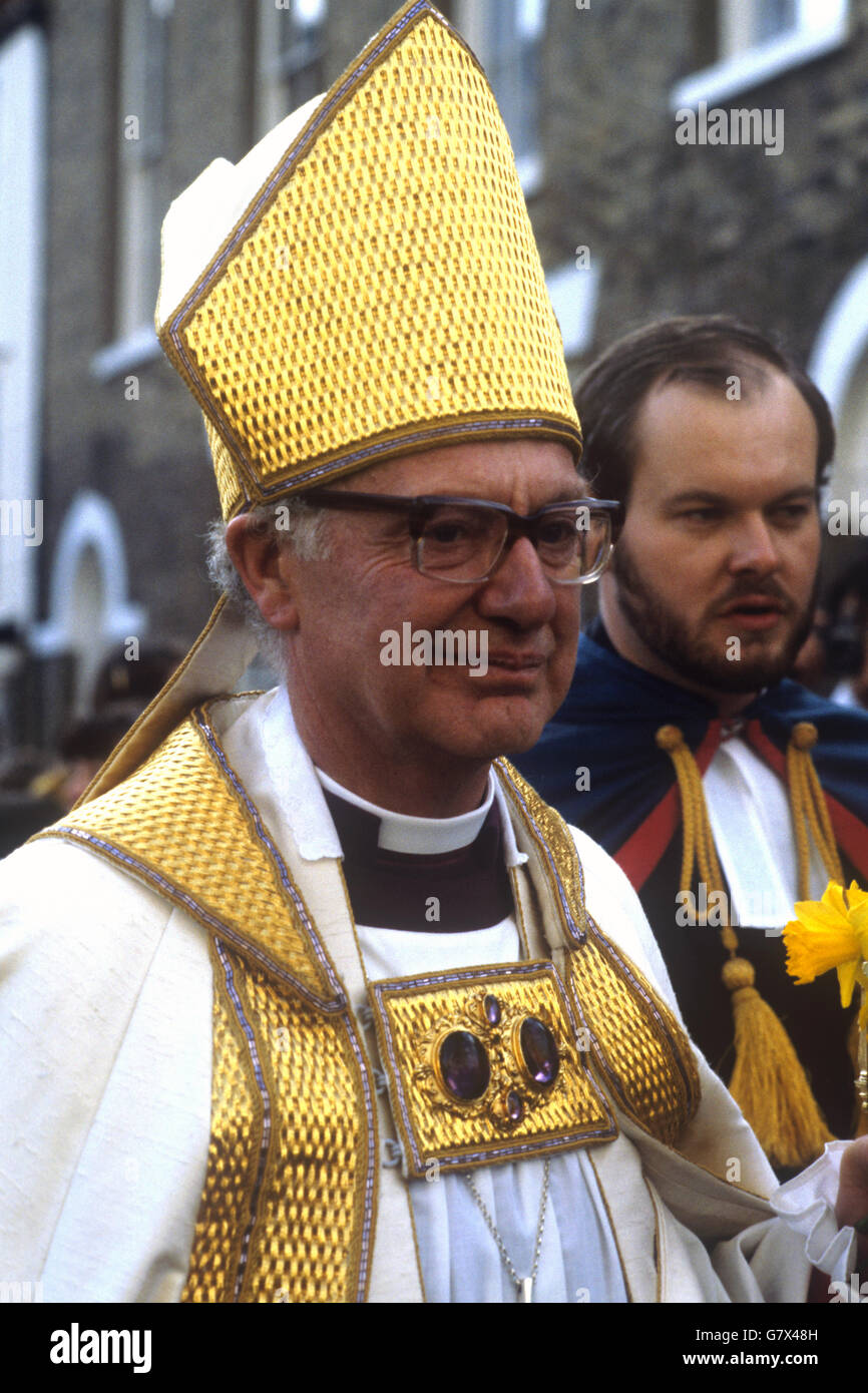 The Most Reverend Robert Runcie in his richly embroidered robes outside Canterbury Cathedral after being enthroned as the 102nd Archbishop of Canterbury. Stock Photo