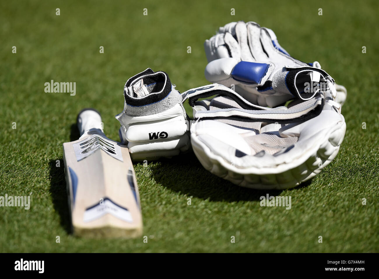 Cricket equipment on the outfield during the warm up hires stock
