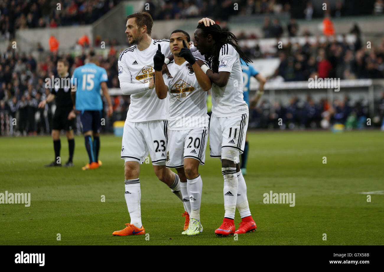 Swansea's Jefferson Montero celebrates after scoring their first goal during the Barclays Premier League match at the Liberty Stadium, Swansea. Stock Photo