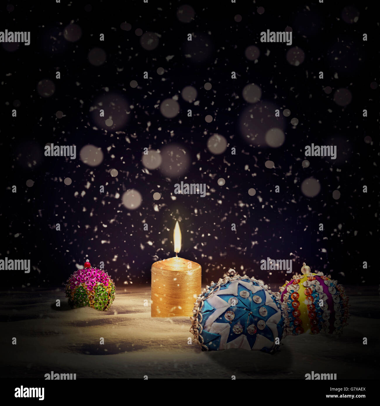 Vintage Christmas background with Christmas balls and burning candles