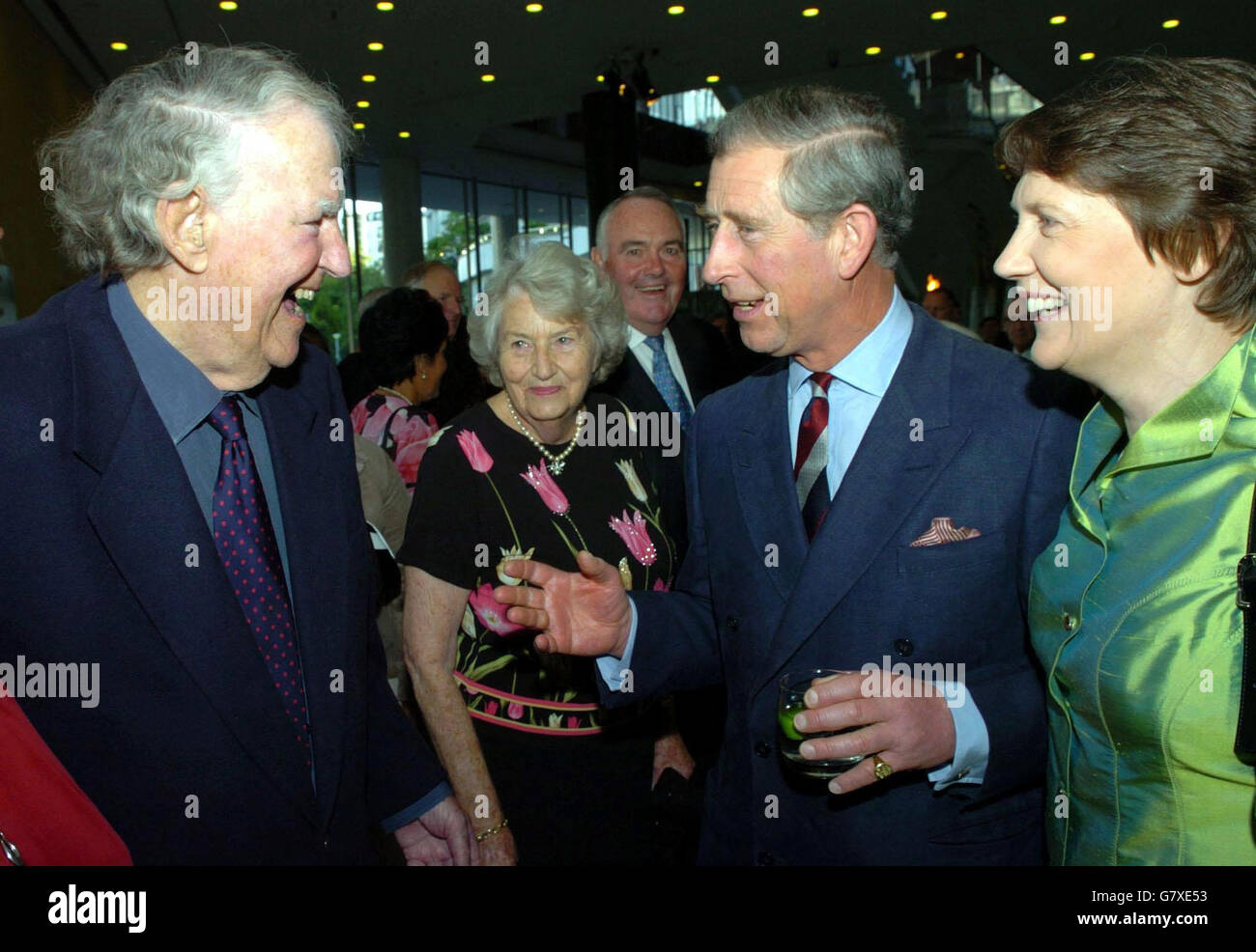 The Prince of Wales enjoys a chat with Sir Edmund Hillary, the first man to climb Mount Everest, and Helen Clark the New Zealand Prime Minister at the Aotea Centre reception. Stock Photo