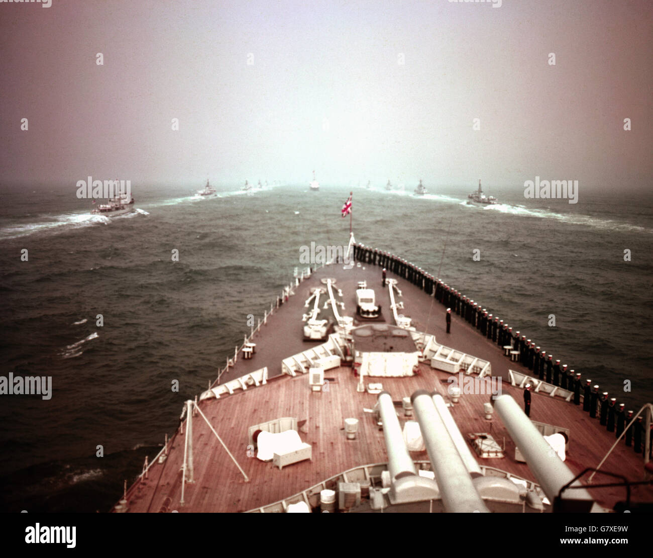 Battleships on show during the Royal Coronation naval fleet at Spithead. Stock Photo