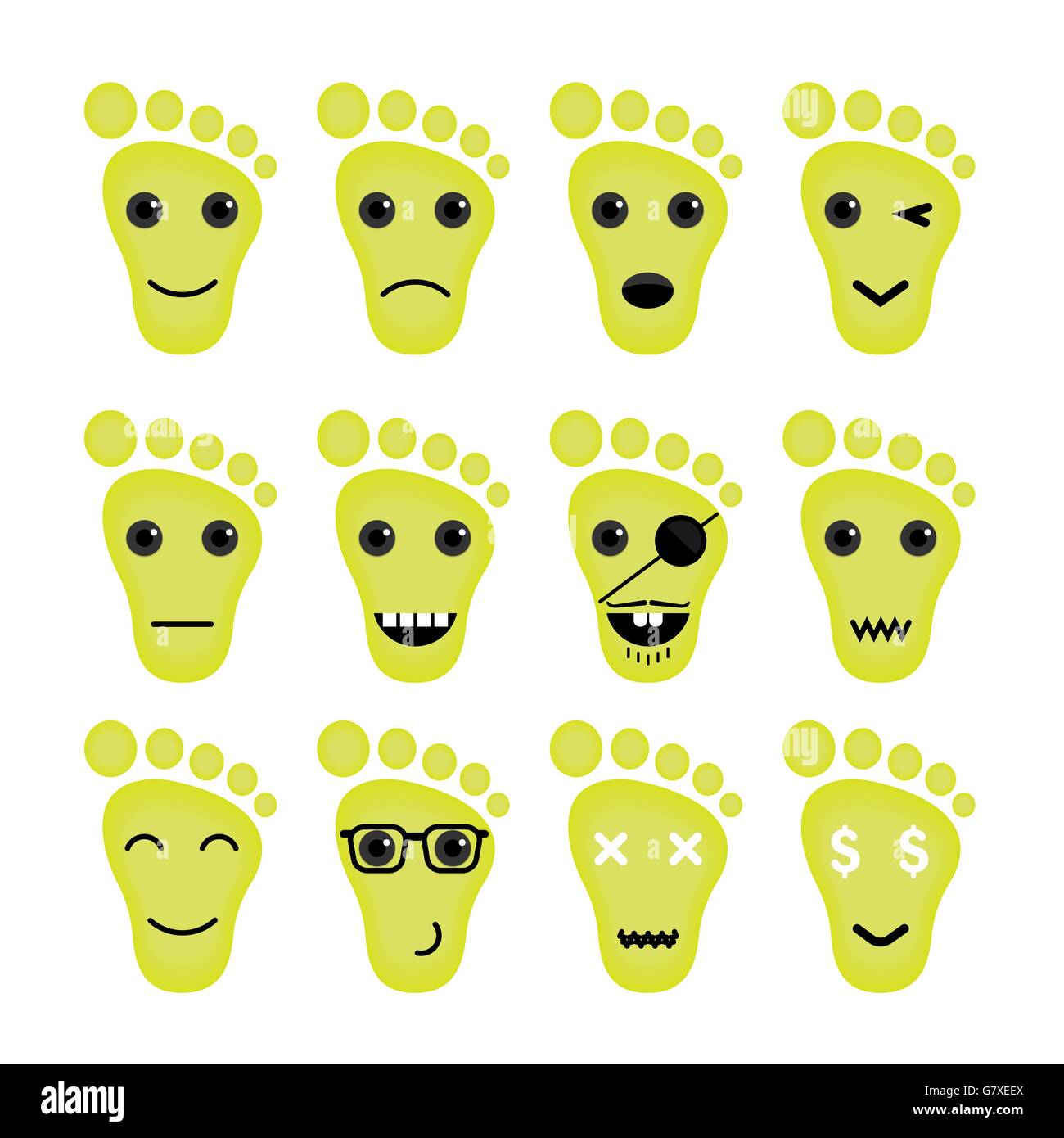 Funny feet emoticon set.Feet different emotions collection.Vector illustration Stock Vector