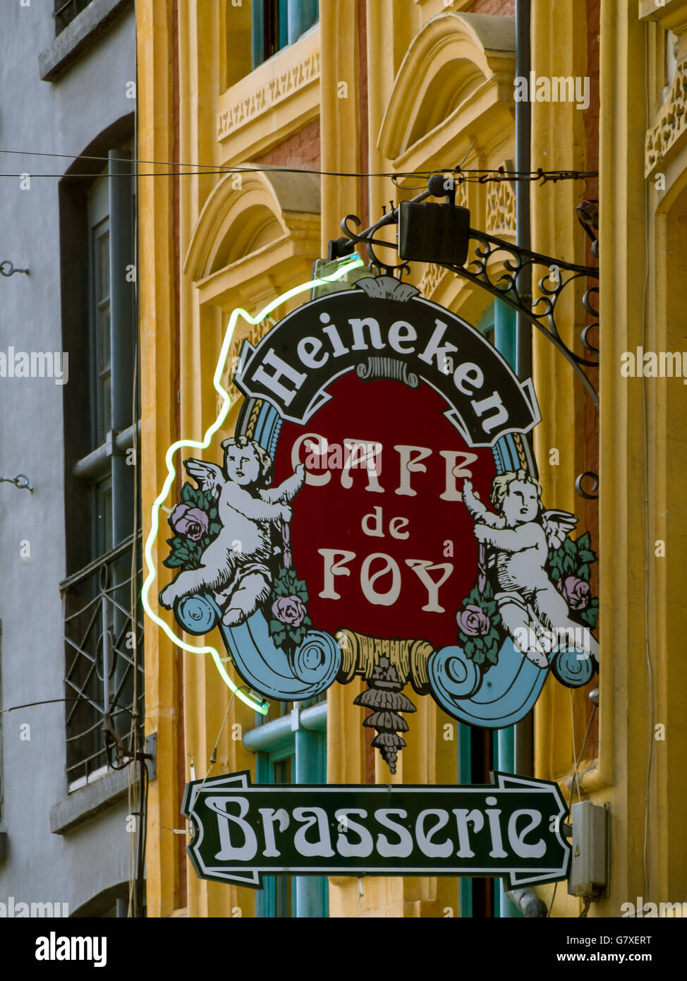 LILLE, FRANCE - JUNE 08, 2014:  Colourful sign in Lille outside Cafe de Foy Brasserie in Place Rihour Stock Photo