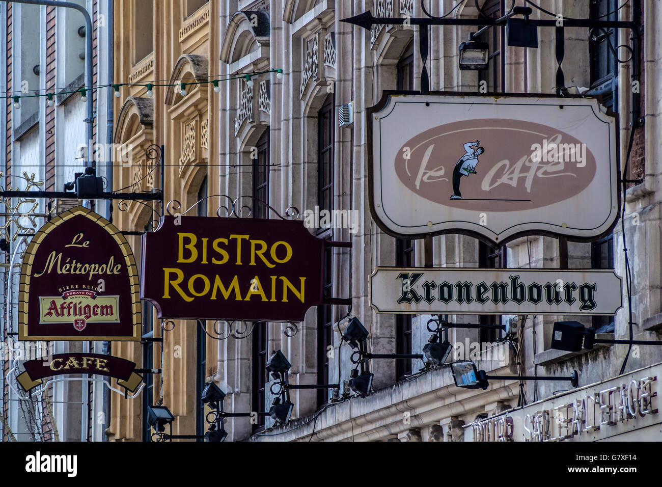 LILLE, FRANCE - JUNE 08, 2014:  Colourful Bar and Cafe signs in thr city centre Stock Photo