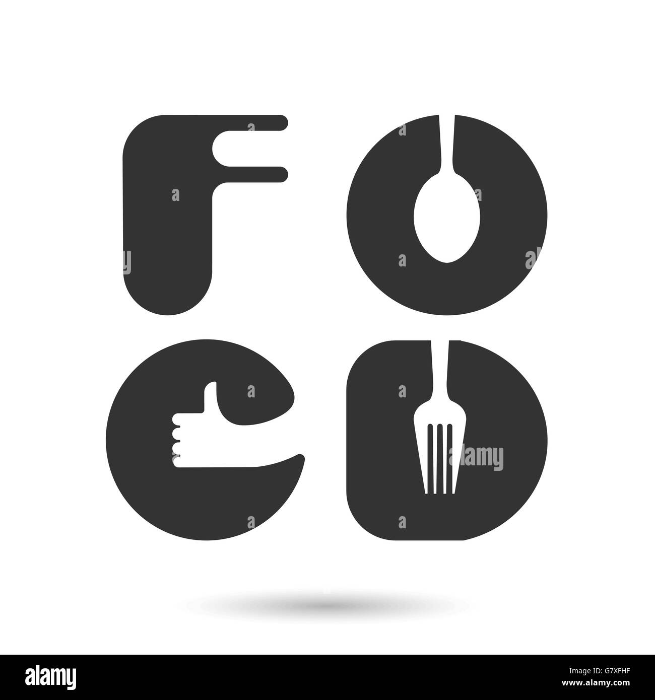 F,O,O and D-letters logo elements design.Spoon and fork icon with human hand symbol.'Food Good Taste' Words logo.Food and drink Stock Vector